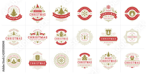 Christmas vector typography ornate labels and badges, happy new year and winter holidays wishes for vector illustration