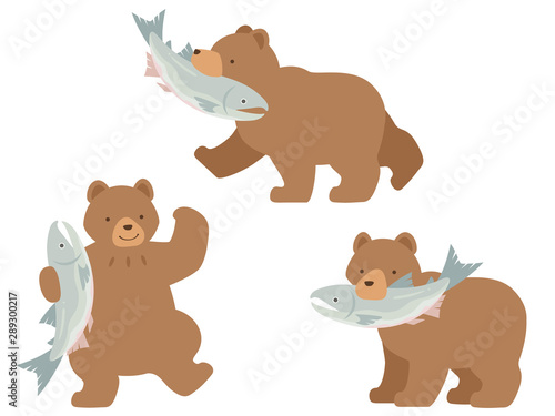鮭を咥えるクマのイラストセット