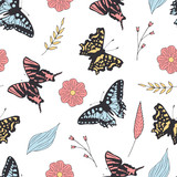 Exotic colorful butterflies seamless pattern with floral elements. Gorgeous monarch texture for wrapping paper with flowers and leaves. Vector isolated illustration.