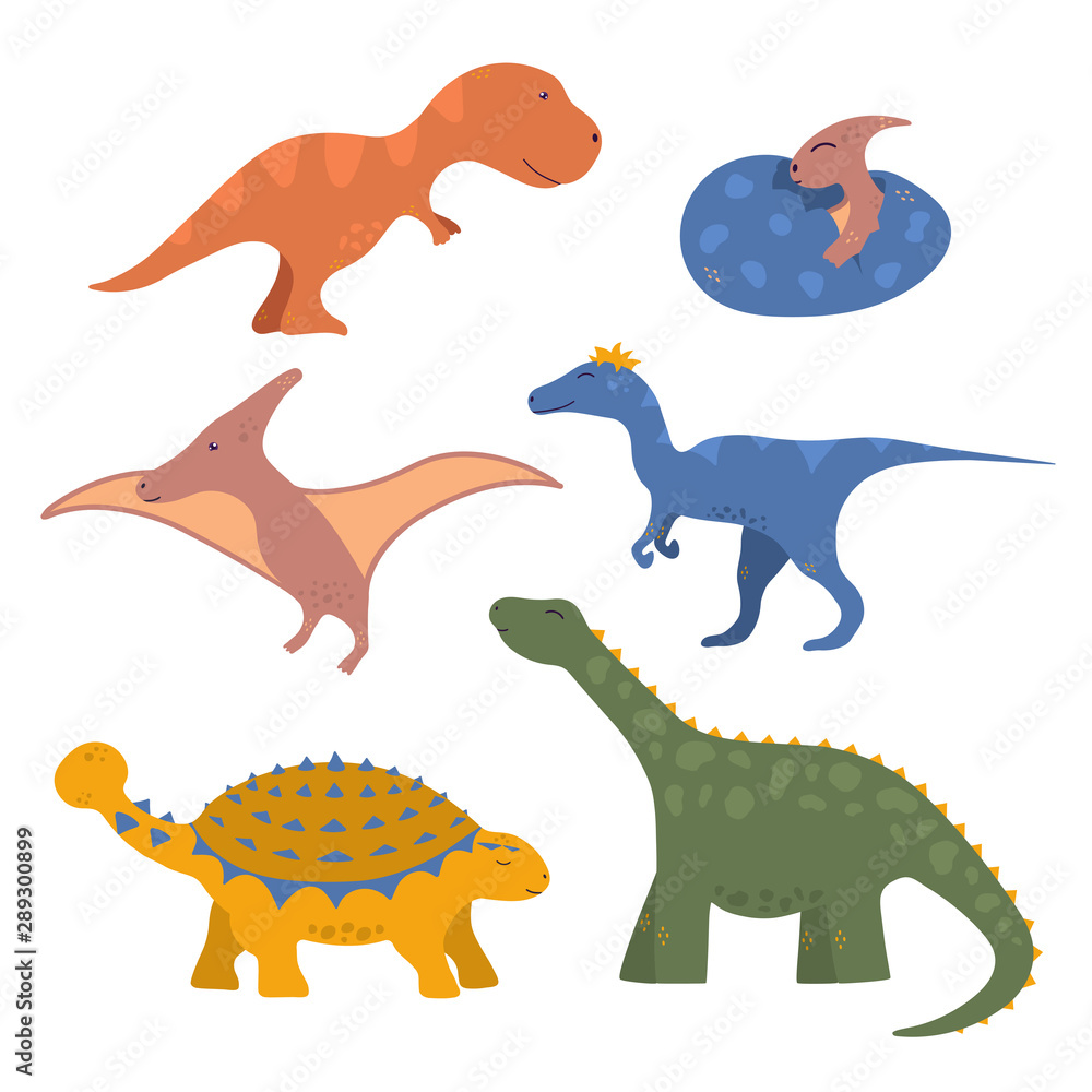 Cute set of funny colorful dinosaurs for kids with raptor, rex, baby pterodactyl in the egg. Vector isolated dino stickers for prints.
