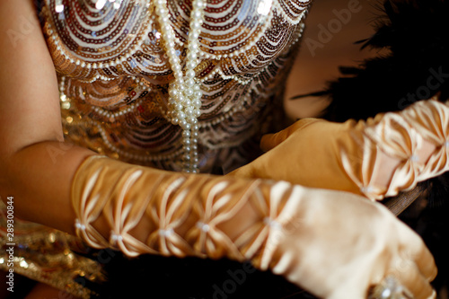 beads from pearls on the background of the dress