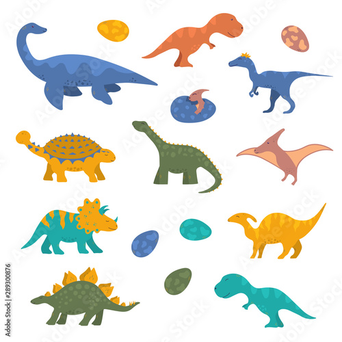 Fototapeta Naklejka Na Ścianę i Meble -  Cute funny colorful dinosaur collection for kids. Vector isolated dino stickers for prints.