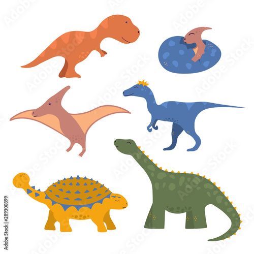 Cute set of funny colorful dinosaurs for kids with raptor  rex  baby pterodactyl in the egg. Vector isolated dino stickers for prints.