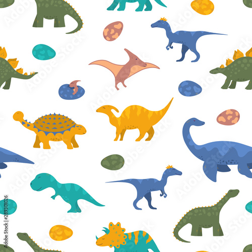 Cute colorful dinosaur seamless pattern for kids textile with raptor  rex and pterodactyl. Vector isolated dino wallpaper background. Boy t-shirt texture.