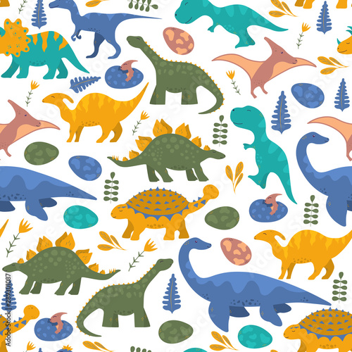 Floral colorful dinosaur seamless pattern for kids wallpaper with raptor, rex, ankylosaurus and pterodactyl. Vector isolated dino background for boy t-shirt textile.