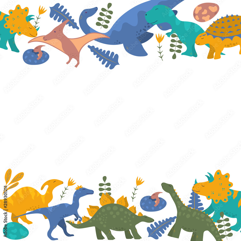 Cute dinosaur border frame for kids invitation card with rex, raptor and  pterodactyl. Vector isolated floral funny colorful dino background with  ankylosaurus. Stock Vector | Adobe Stock
