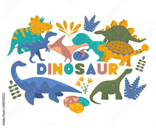 Cute colorful dinosaur print for kids  with raptor  rex and pterodactyl. Vector isolated floral dino background. Boy t-shirt label.