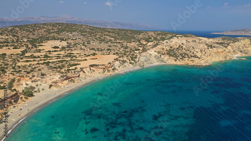 Aerial drone photo of turquoise paradise beach of Nero in Kato Koufonisi island, Small Cyclades, Greece