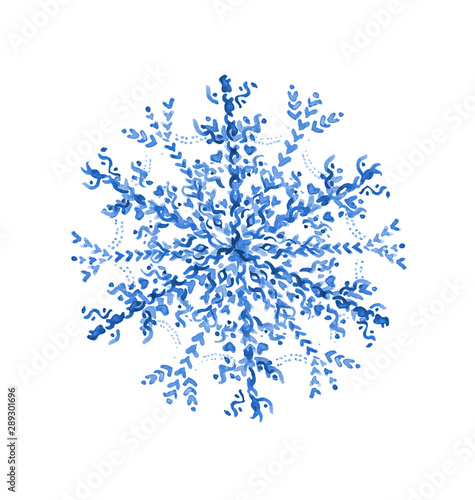 Watercolor illustration: blue snowflake isolated on a white background.