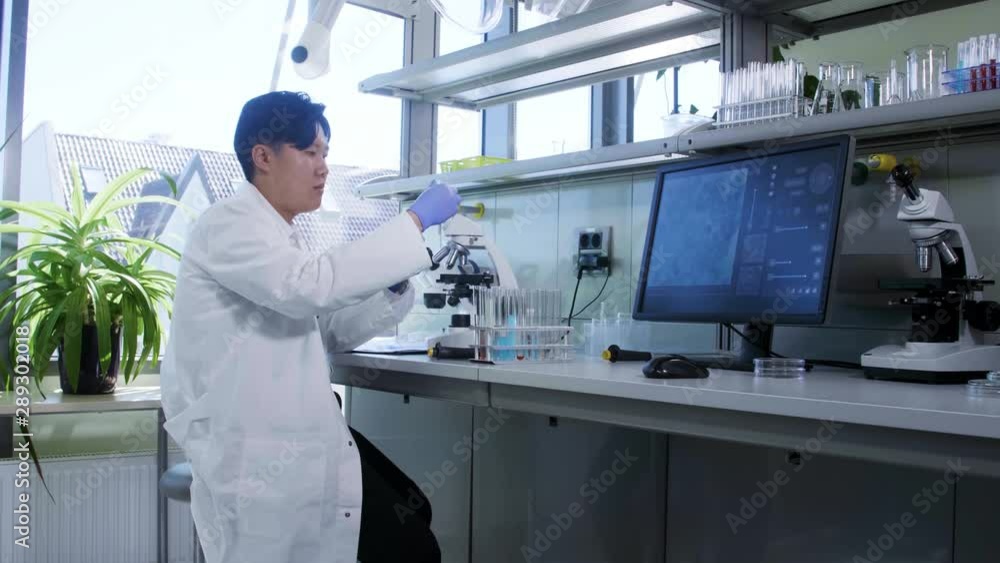 Scientist working in lab. Asian doctor making medical research. Laboratory tools: microscope, test tubes, equipment. Biotechnology, chemistry, science, experiments and healthcare concept. Scientist working in lab. Asian doctor making medical research. Laboratory tools: microscope, test tubes, equipment. Biotechnology, chemistry, science, experiments and healthcare concept.
