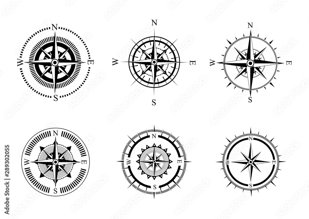 Collection of logos of the compass. Stylized sea compasses with a wind ...