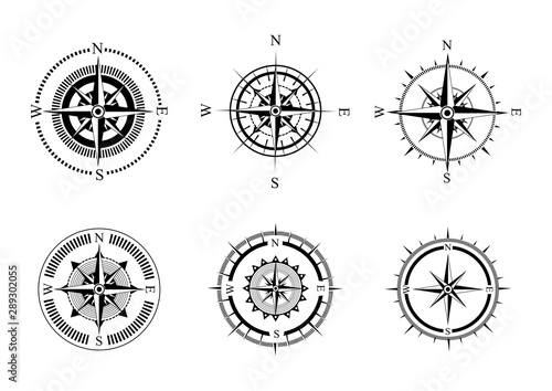 Collection of logos of the compass. Stylized sea compasses with a wind rose. Measuring device. Black and white vector logo. Tattoo.