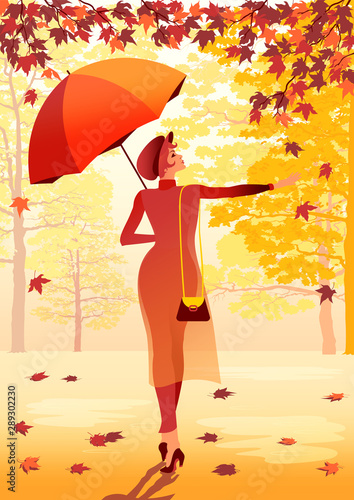 Girl with an umbrella walking in the autumn park. Handmade drawing vector illustration.