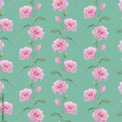 Seamless pattern of pink flowers on a green background..