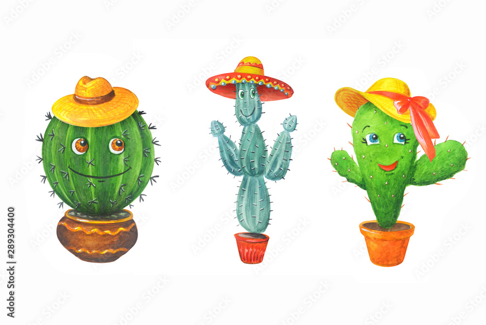 Watercolor set: merry green cactuses in straw hats in a pots.