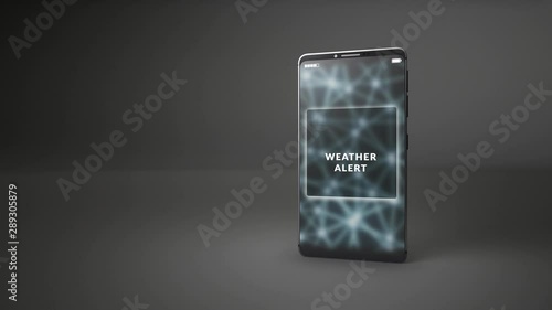 Weather alert message delivered, pop-up notification on a phone display screen. National weather service sent public warnings. Smartphone isolated on black background. 3d seamless loop animation.