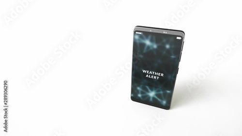 Incoming weather alert message on smartphone. Hazard warning notification on a phone display screen. Simple studio light, soft shadows, device isolated on white background. 3d 60 fps animation.