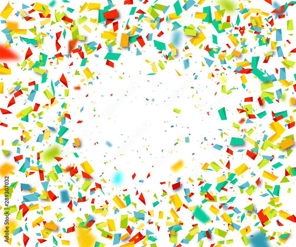 Celebration background with confetti. Holiday illustration with flying colorful particles of paper from cracker on white background Celebration background with confetti. Holiday illustration with flying colorful particles of paper from cracker on white background