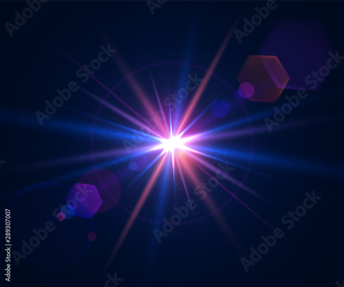 Lens flare of camera. Shining cinematic effect shooting against the sun. Sparkling light effects of flash with colorful twinkle. Beautiful glare effect with bokeh, glitter particles and rays