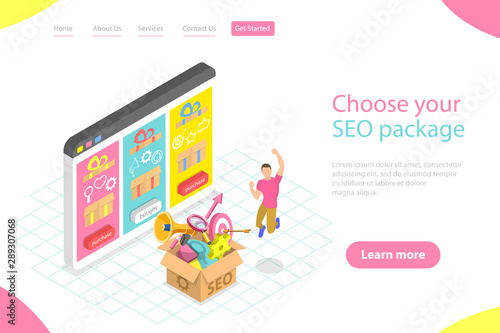 Flat isometric vector landing page template of SEO package choosing, search engine ranking, website optimization marketing.
