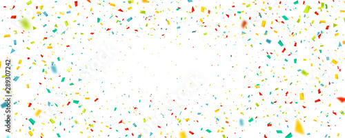 Celebration background with confetti. Holiday illustration with flying colorful particles of paper from cracker on white background photo