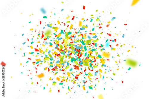 Celebration background with confetti. Holiday illustration with flying colorful particles of paper from cracker on white background