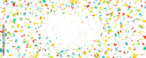 Celebration background with confetti. Holiday illustration with flying colorful particles of paper from cracker on white background