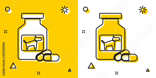 Black Dog medicine bottle and pills icon isolated on yellow and white background. Container with pills. Prescription medicine for animal. Random dynamic shapes. Vector Illustration