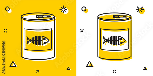 Black Canned food for cat icon isolated on yellow and white background. Fish skeleton sign. Food for animals. Pet dog food can. Random dynamic shapes. Vector Illustration