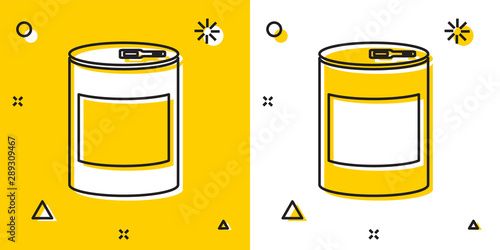 Black Canned food icon isolated on yellow and white background. Food for animals. Pet food can. Random dynamic shapes. Vector Illustration
