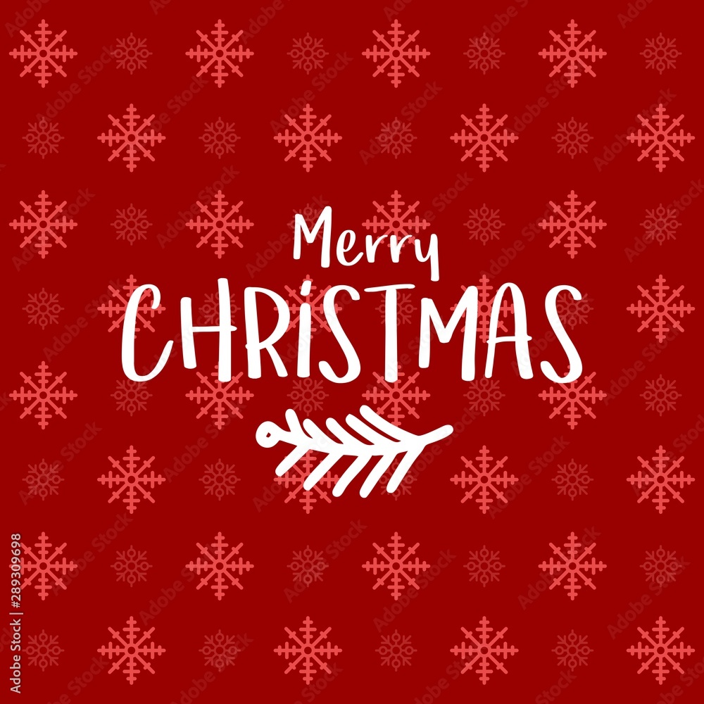 Merry Christmas greeting card with handwritten text on red background snowflakes pattern. EPS10 vector