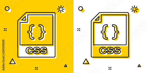 Black CSS file document. Download css button icon isolated on yellow and white background. CSS file symbol. Random dynamic shapes. Vector Illustration