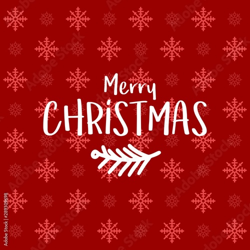 Merry Christmas greeting card with handwritten text on red background snowflakes pattern. EPS10 vector