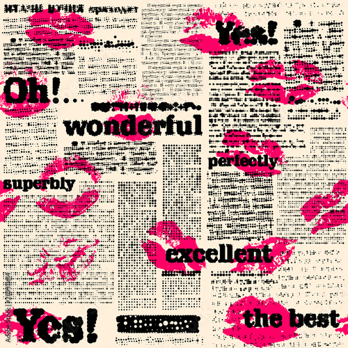 Seamless background pattern. Imitation of halftone newspaper with worlds Wonderful, exellent and Yes. Vector image.