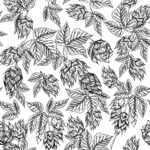 Seamless pattern botany hand drawn sketch hop isolated on white background. Line drawing. Herbal frame. Natural food collection.