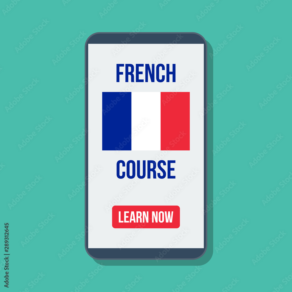 france flag with french course title and button learn now on mobile phone display, flat vector illustration