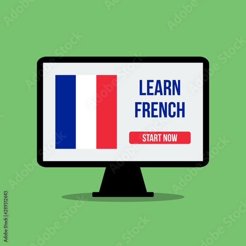 france flag with learn french title and button start now on desktop personal computer display, flat vector illustration