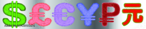 Fluffy symbols of world currencies. Dollar, Pound, Euro, Yen, Ruble and Yuan