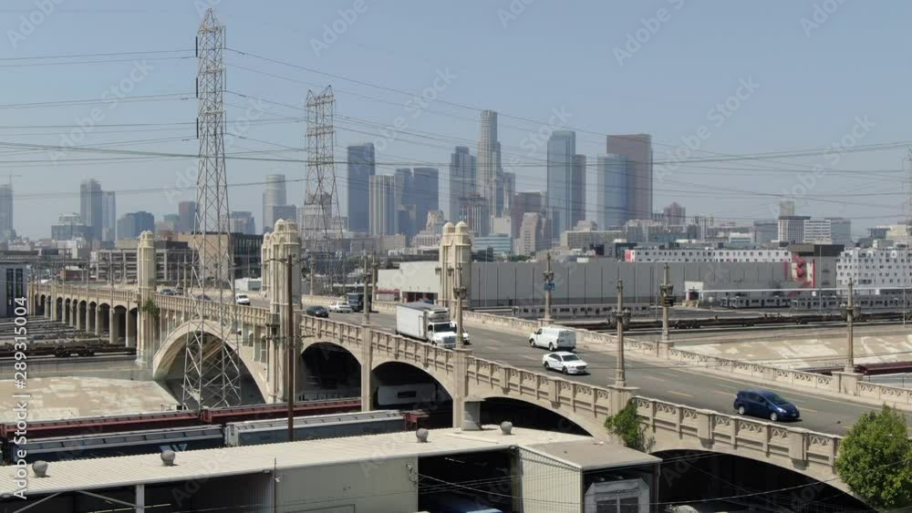 Los Angeles 4th Street Bridge And Downtown Skyline Crane Shot Right Los Angeles 4th Street Bridge And Downtown Skyline Crane Shot Right