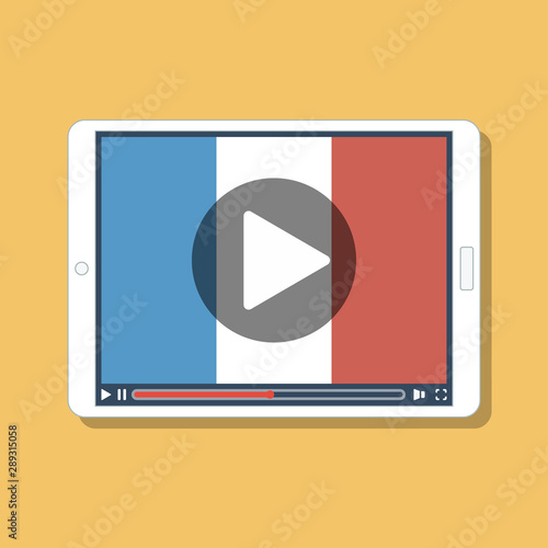 french flag inside video player on digital tablet display, flat vector illustration