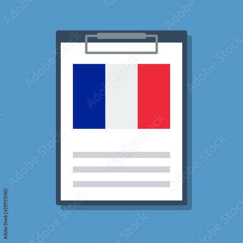 paper document with french flag in clipboard, flat vector illustration