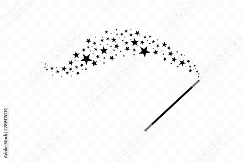 Magic wand with a stars. Trace of black dust. Magic abstract background isolated on on transparent background. Miracle and magic. Vector illustration flat design.