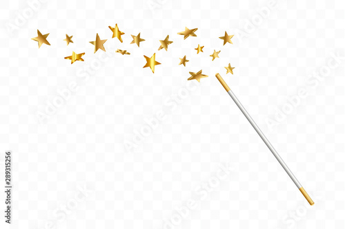 Magic wand with 3d stars on transparent background. Trace of gold dust. Magic abstract background isolated. Miracle and magic. Vector illustration.