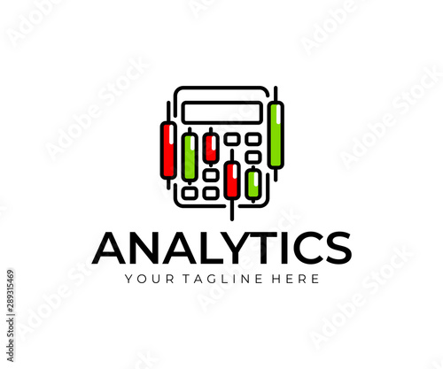 Stock market accounting logo design. Stock market graphs analysis vector design. Trading candlesticks and calculator logotype