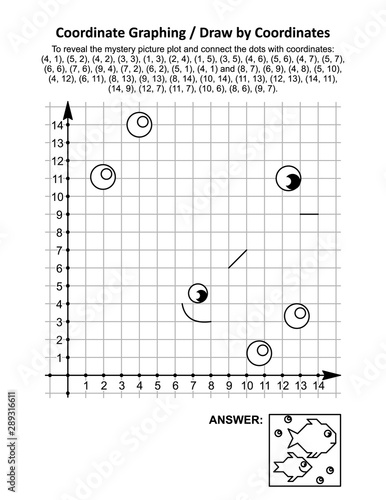 Coordinate graphing, or draw by coordinates, math worksheet with fishes: To reveal the mystery picture plot and connect the dots with given coordinates. Answer included.