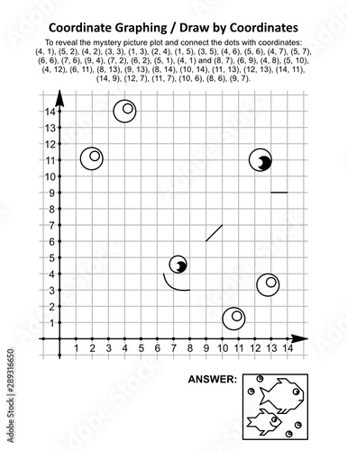 Coordinate graphing, or draw by coordinates, math worksheet with fishes: To reveal the mystery picture plot and connect the dots with given coordinates. Answer included.