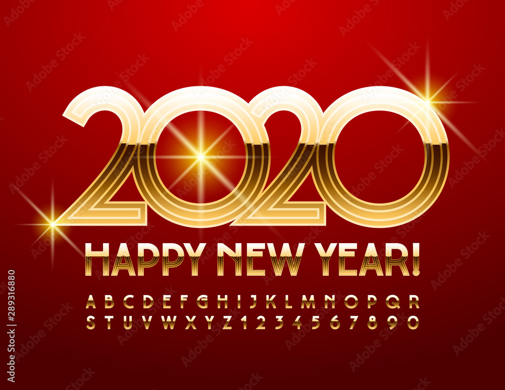 Vector luxury Greeting Card Happy New Year 2020. Unique Golden Font. Stylish Alphabet Letters and Numbers.