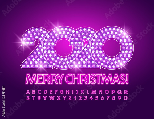 Vector light up disco Merry Christmas 2020 Greeting Card with Alphabet. Neon violet Font.