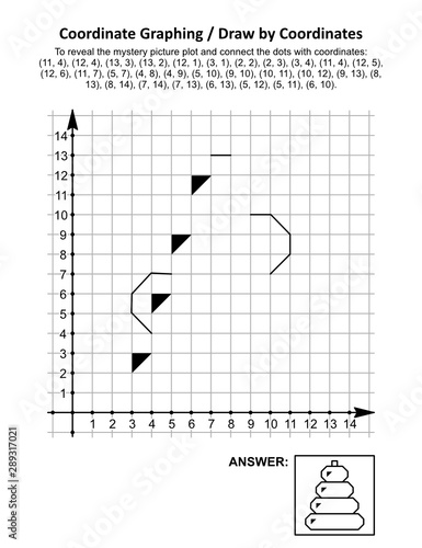 Coordinate graphing, or draw by coordinates, math worksheet with rings stacker toy: To reveal the mystery picture plot and connect the dots with given coordinates. Answer included.