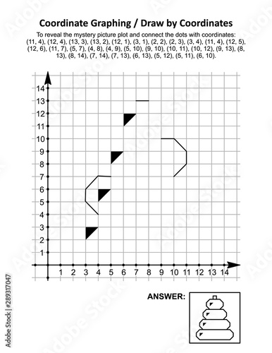 Coordinate graphing, or draw by coordinates, math worksheet with rings stacker toy: To reveal the mystery picture plot and connect the dots with given coordinates. Answer included.